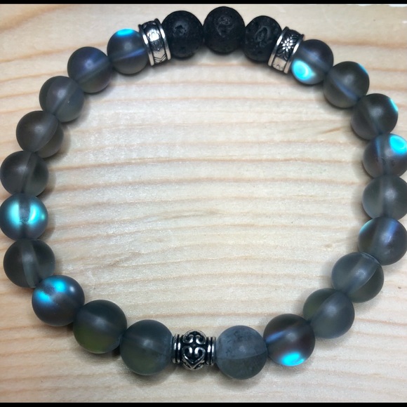 Hand Crafted Jewelry - Gray Blue Quartz Mystic Aura & Black Lava Stone Handcrafted Bead Bracelet